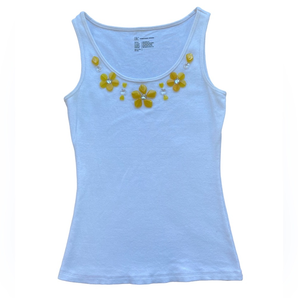 INC INTERNATIONAL CONCEPTS Women’s White Ribbed Tank with Yellow Beading Size: M